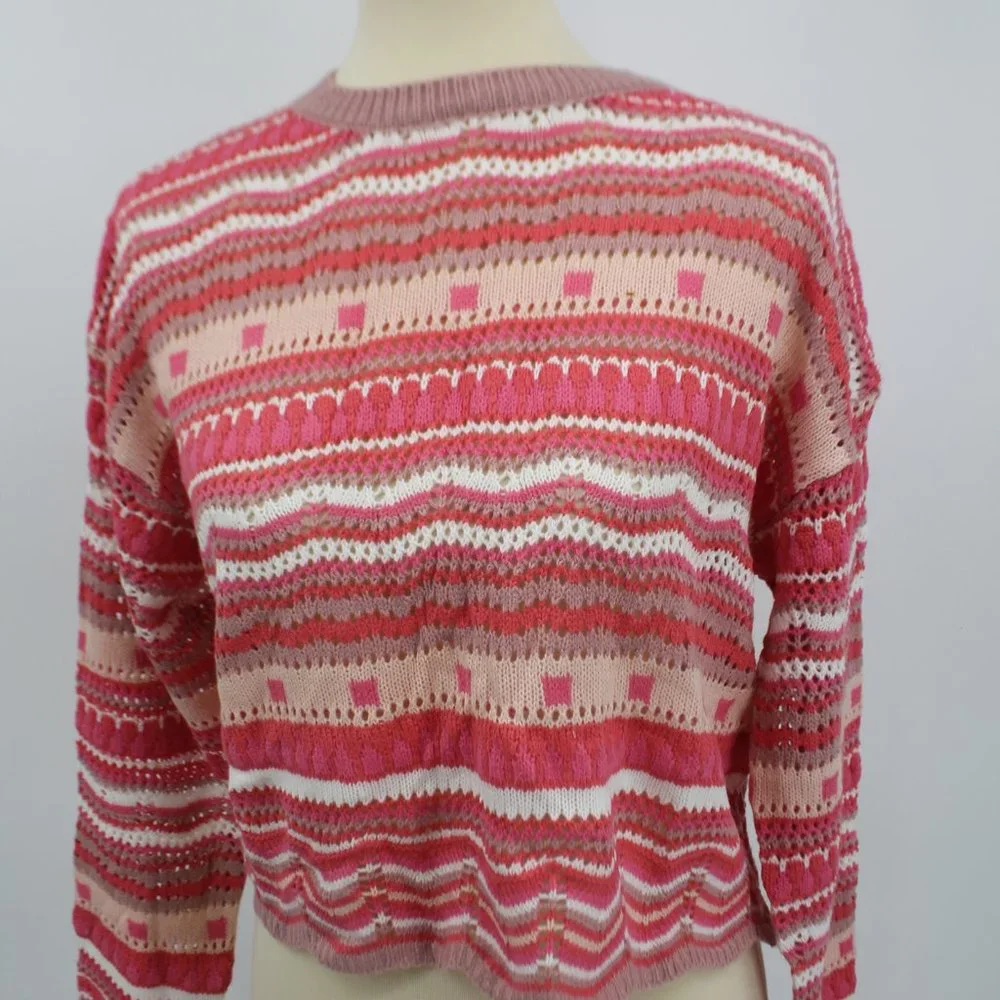 Vintage Knit Pink White Long Sleeve Cropped Sweater S - Picture 5 of 8